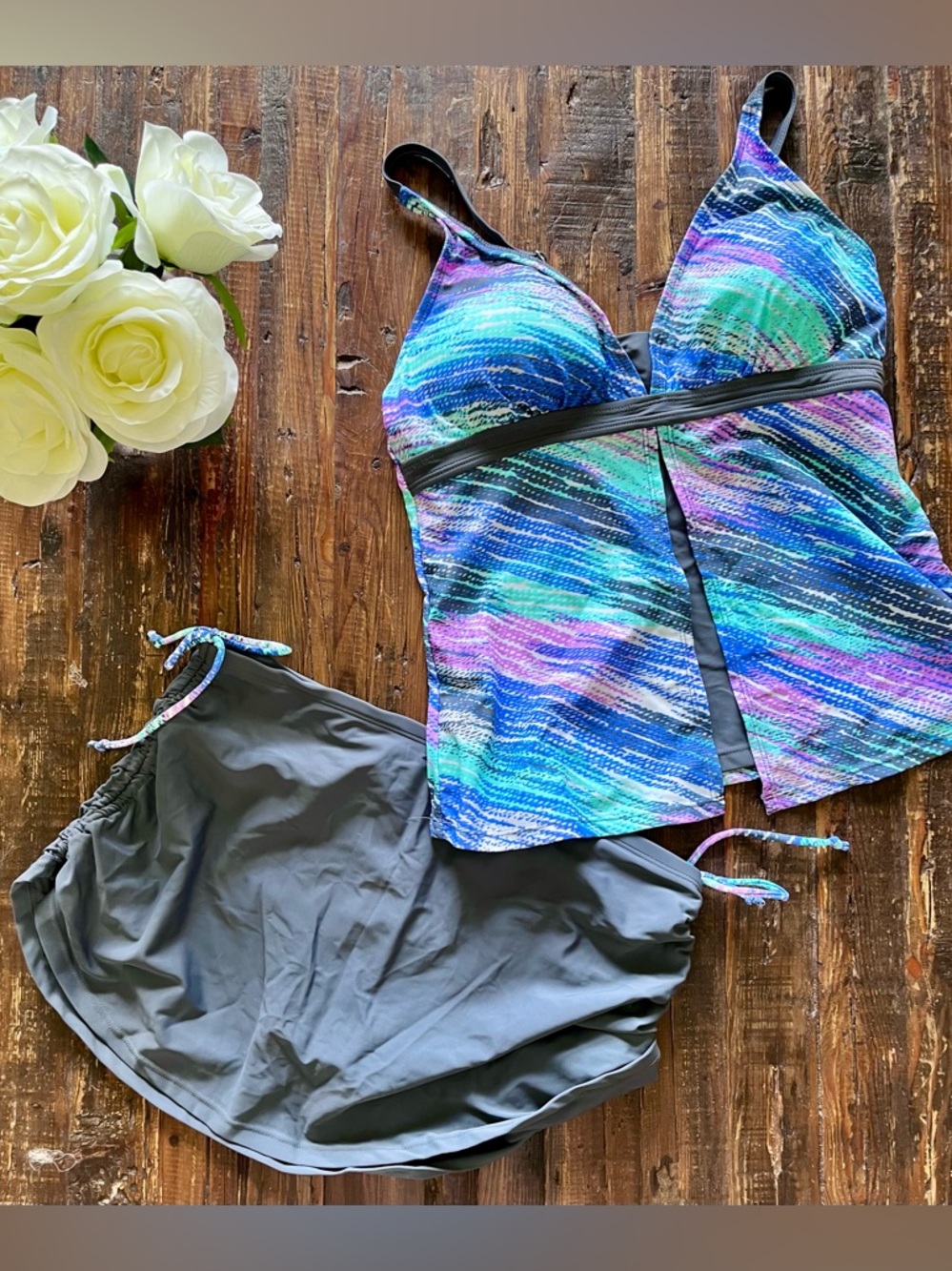 Women's Two-Piece Swim Tankini w/skirt Set in Aqua, Teal, Purple, & Gray Sz M